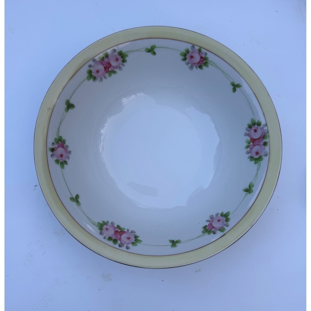 Vintage Nippon Hand Painted Porcelain Floral Bowl Pink Roses Gold Rim 9.75in